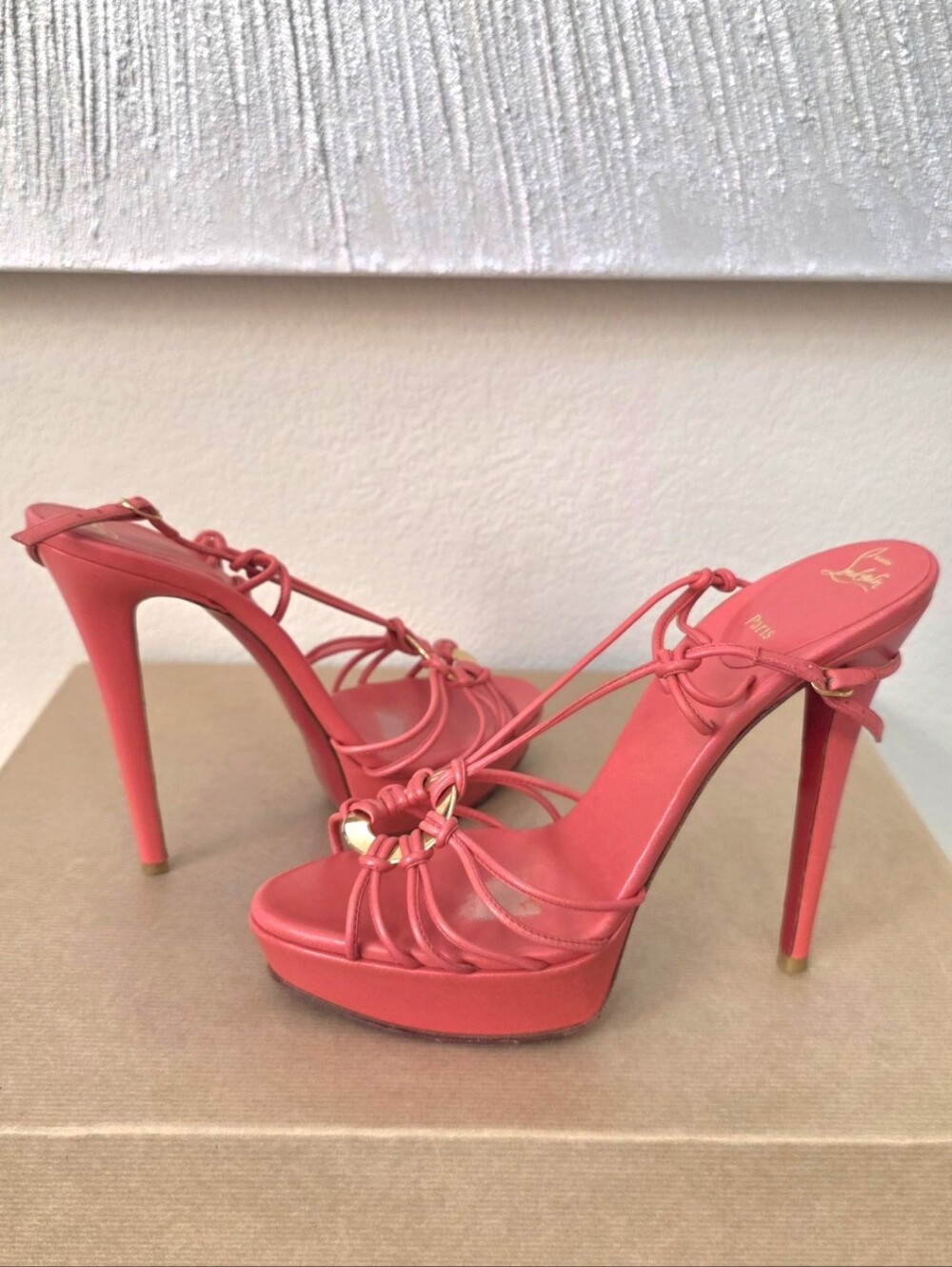 Christian Louboutin Coral Pink Leather Gold Strappy Platform Sandals EU38.5 US 8